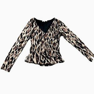 Madison + Hudson Leopard Print Ruched Wrap Top Womens L Stretch Long Sleeve